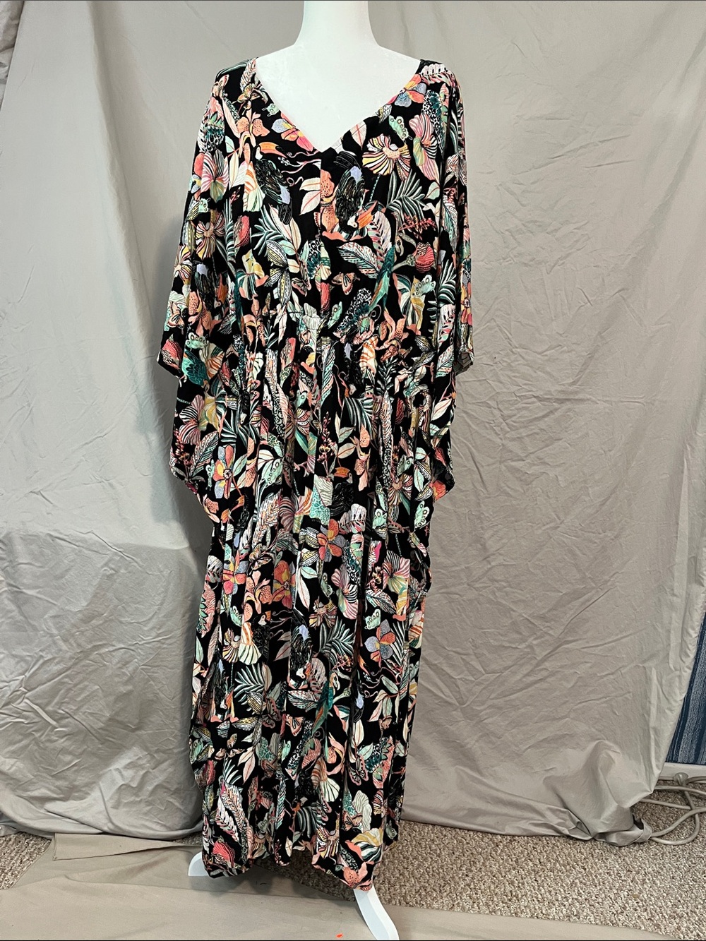 Attitudes by Renee Black Maxi Dress w/ Coral, Mint & Ivory Botanical Print